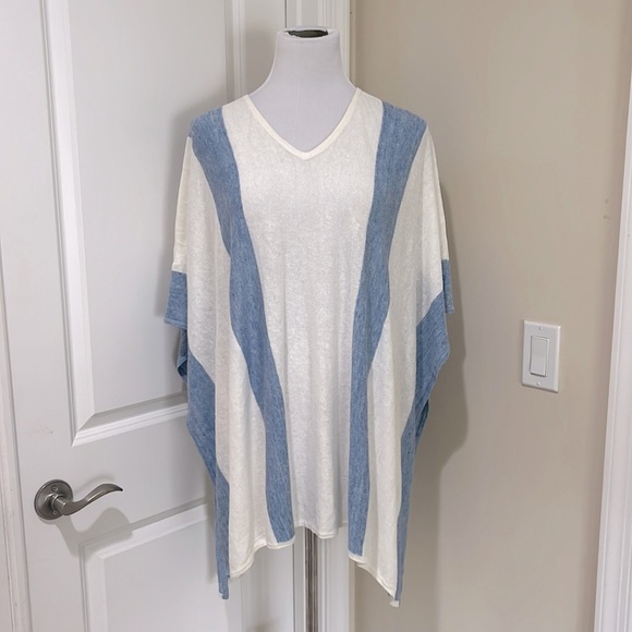 J. McLaughlin Linen Poncho Blue Stripe Cover Up Coastal Beach Resort One Size - Picture 2 of 8